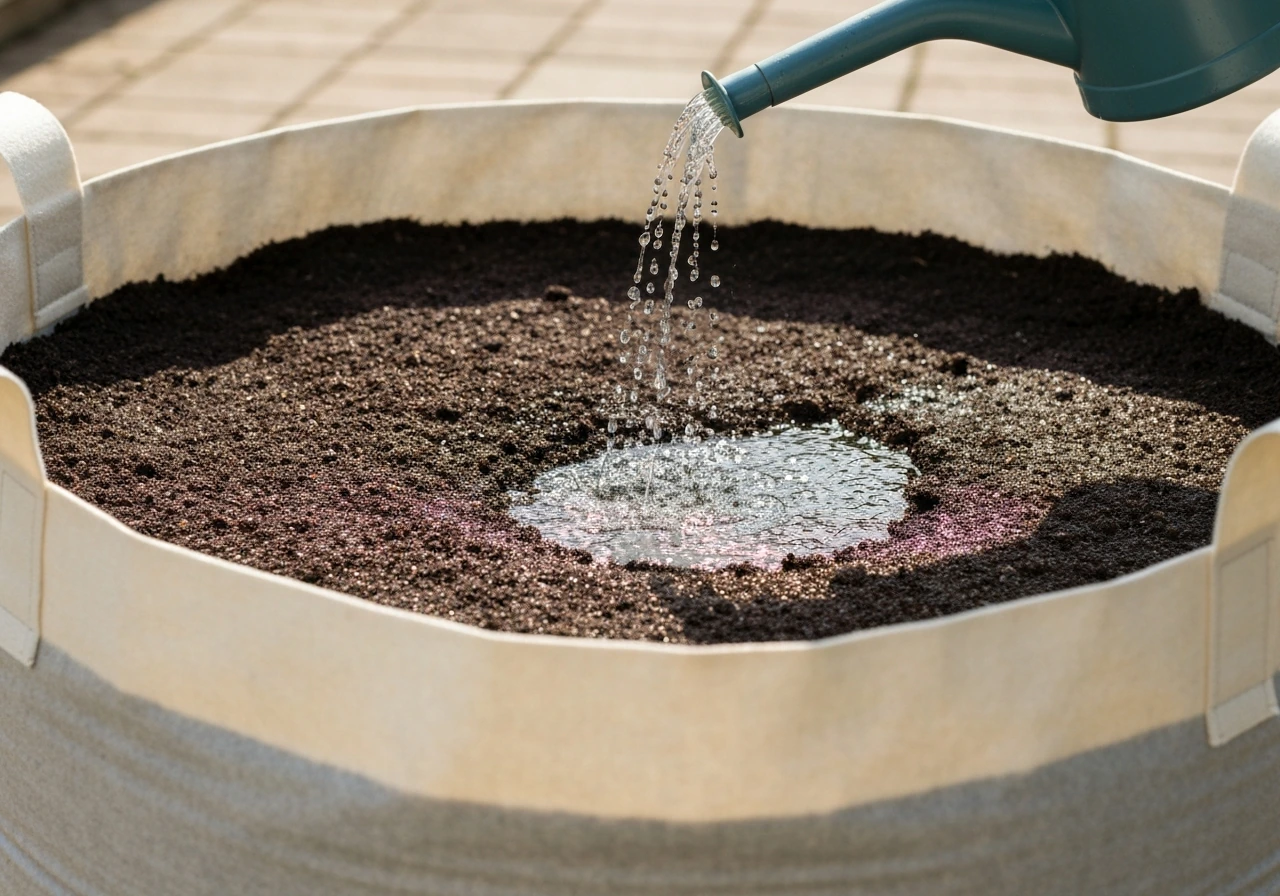 Watering a Westland-style grow bag from above, compost surface visible with slight runoff