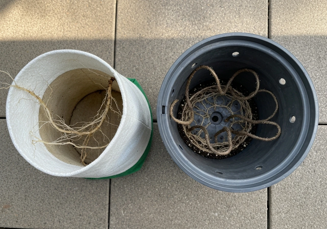 Split view of two empty grow containers: an air-pruning bag opening with roots and a round container showing curled root
