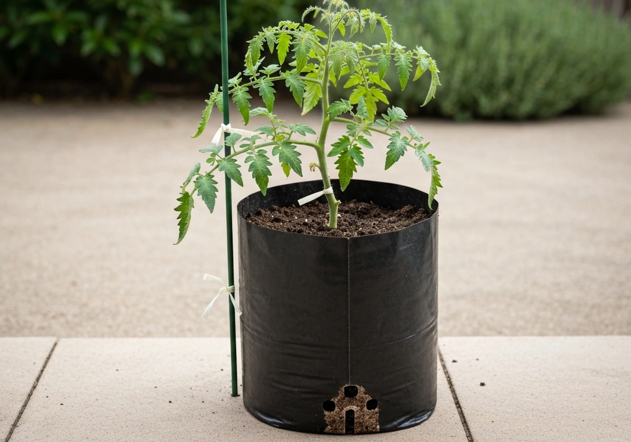 Tomato plant supported by a stake in an upright filled grow bag on a patio