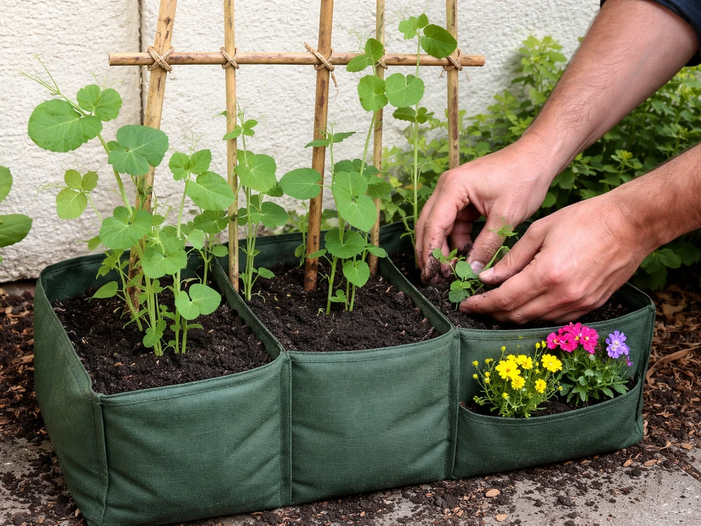 Gardener hands plant peas and runner beans in a multi-compartment planter with a simple trellis behind.