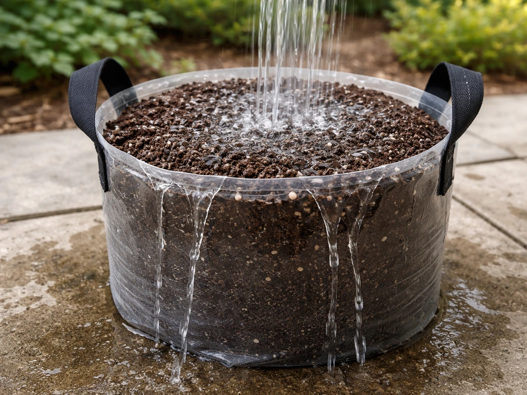 Water poured onto a grow bag overfilled to the rim spills over the sides in runoff.