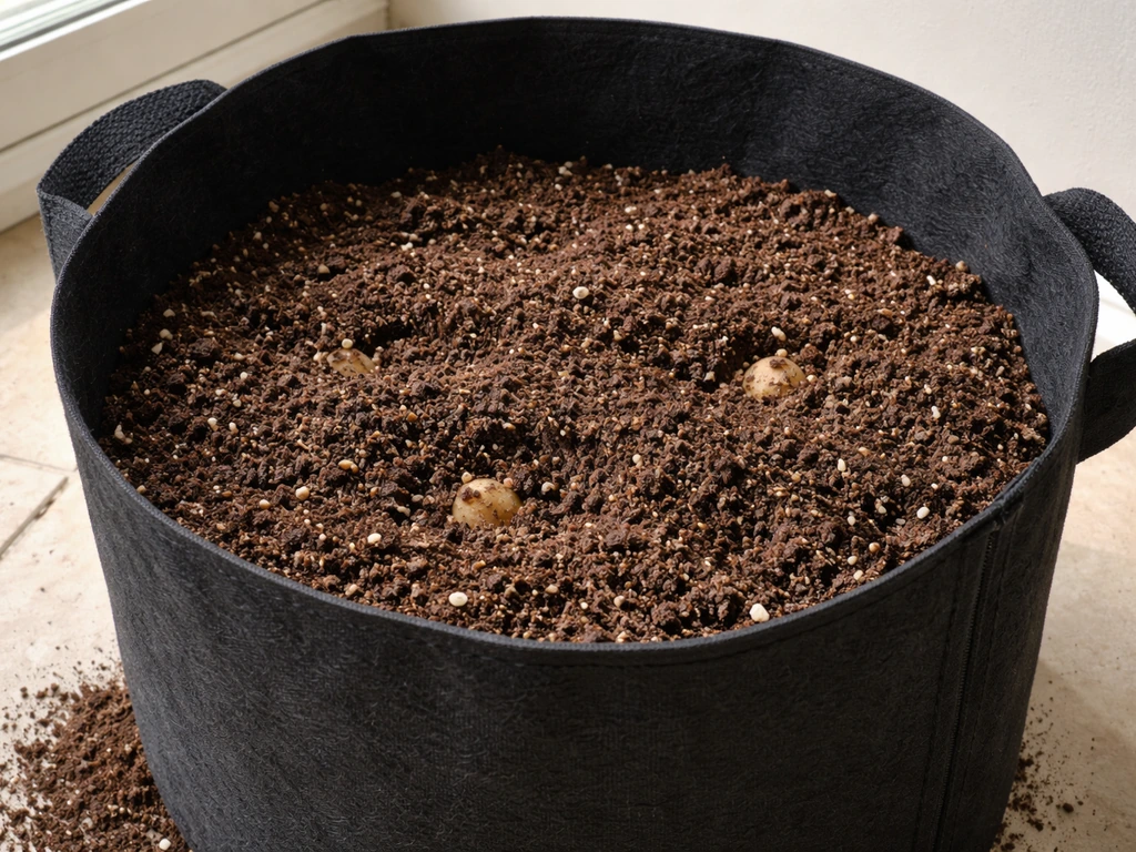 Seed potato pieces with eyes up planted in a partially filled 10-gallon bag, covered with moistened potting mix.