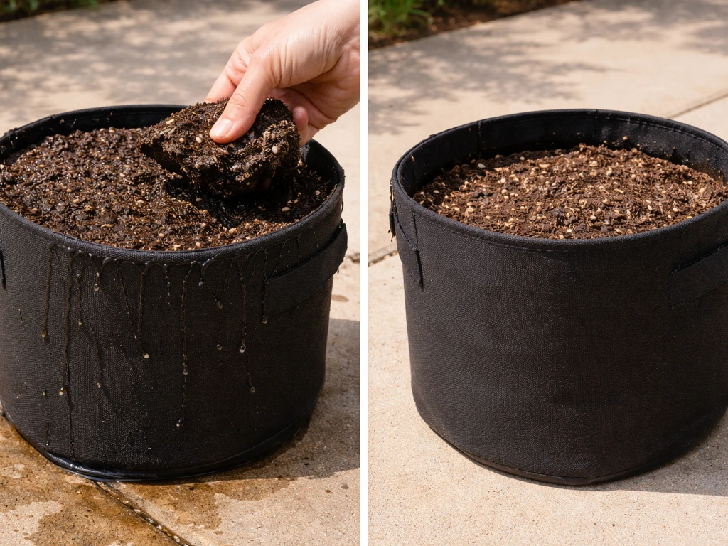 Two grow bags side-by-side: overfilled soil at the rim with runoff, and underfilled soil; hand removing top soil.
