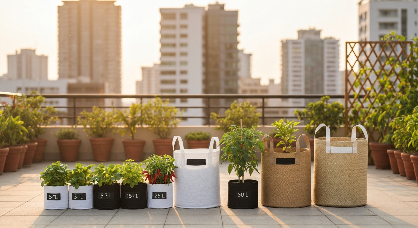 Rooftop terrace in Bangalore with various sizes and types of grow bags (herbs, tomatoes, sapling) displayed in warm late-afternoon light