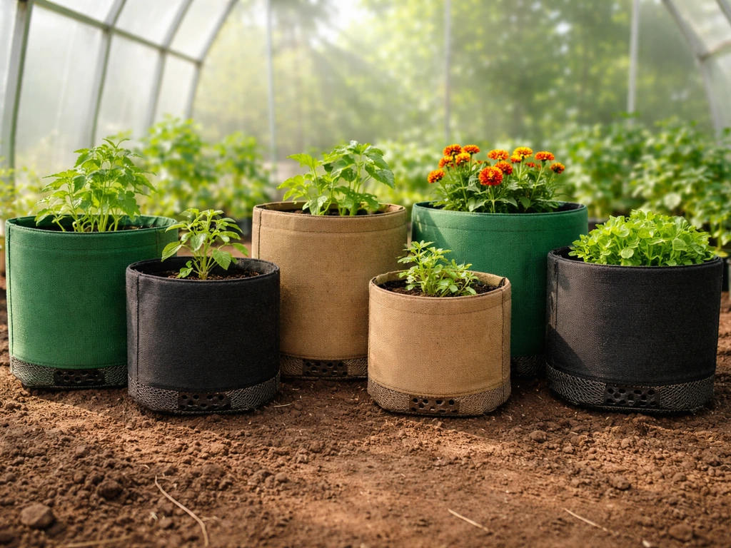 Fabric grow bags in a greenhouse with visible drainage texture and small planted crops in rows
