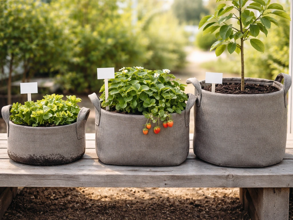 Three grow bags with labeled-looking tags replaced by plain markers, each holding different crops and roots
