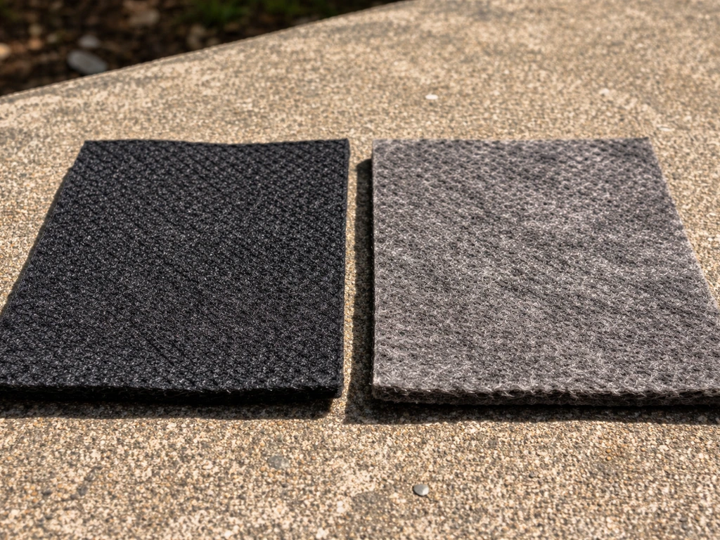 Macro photo of two fabric grow-bag swatches side-by-side: new vs sun-faded under strong sunlight.