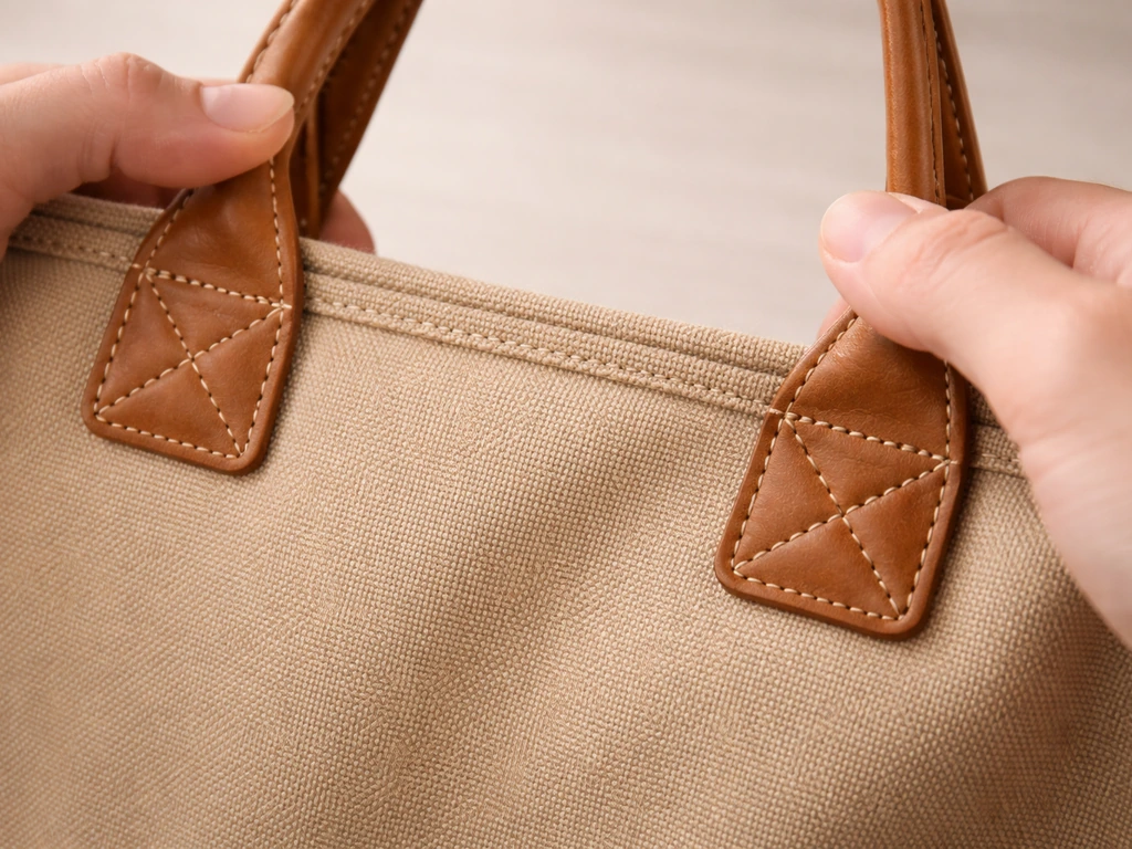 Close-up of bag seam stitching and handle attachment point pulled to show reinforcement.