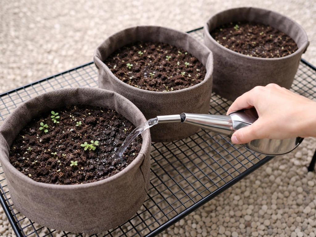 Top-down view of fabric grow bags on an airy rack with water being poured into one bag
