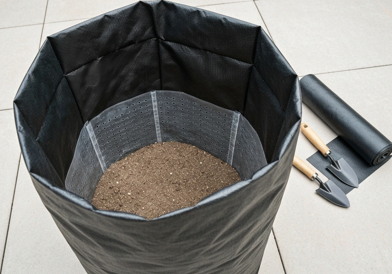 Open grow bag interior lined with dark landscape fabric, showing drainage/aeration and simple DIY tools nearby.