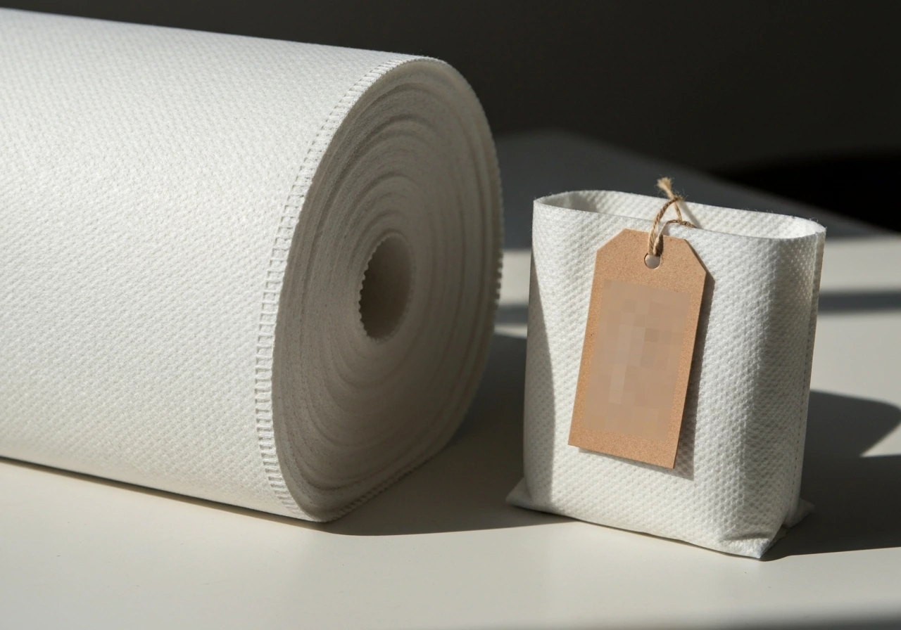 Close-up of nonwoven polypropylene fabric roll beside a grow-bag liner with a blurred tag for comparison.