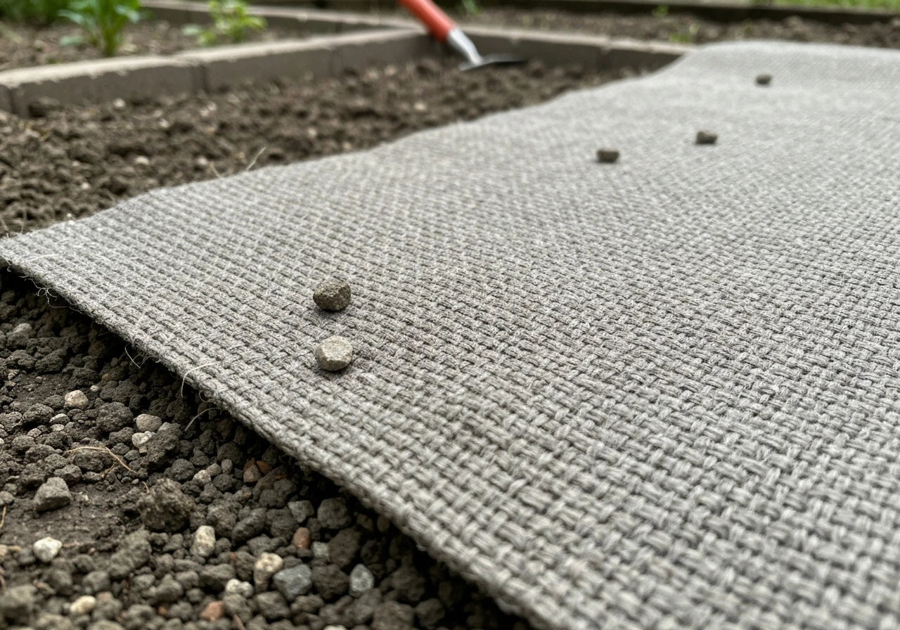 Close-up of puncture-resistant woven geotextile fabric laid over soil and gravel, showing texture and drainage.