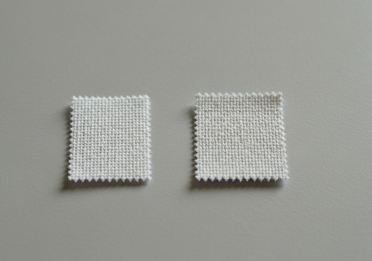 Two small fabric swatches of different weights laid side by side, showing texture and thickness differences.