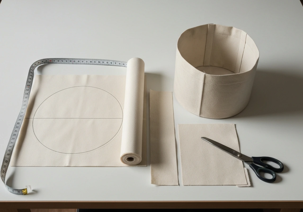 DIY fabric cutting layout showing a circular base template and rectangular liner pieces beside a grow bag opening