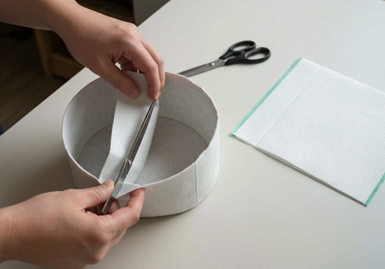 Hands cutting nonwoven grow-bag liner fabric and placing it inside the grow bag with sealed edges.