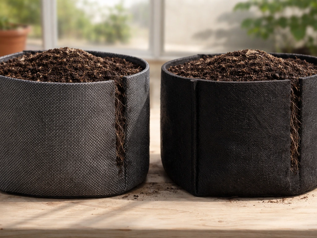 Side-by-side woven and non-woven grow bags with soil, showing different textures and water-retaining walls.