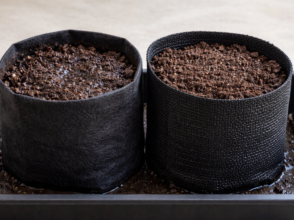 Angle view of two adjacent grow bags with damp non-woven vs drier woven soil surface after watering.