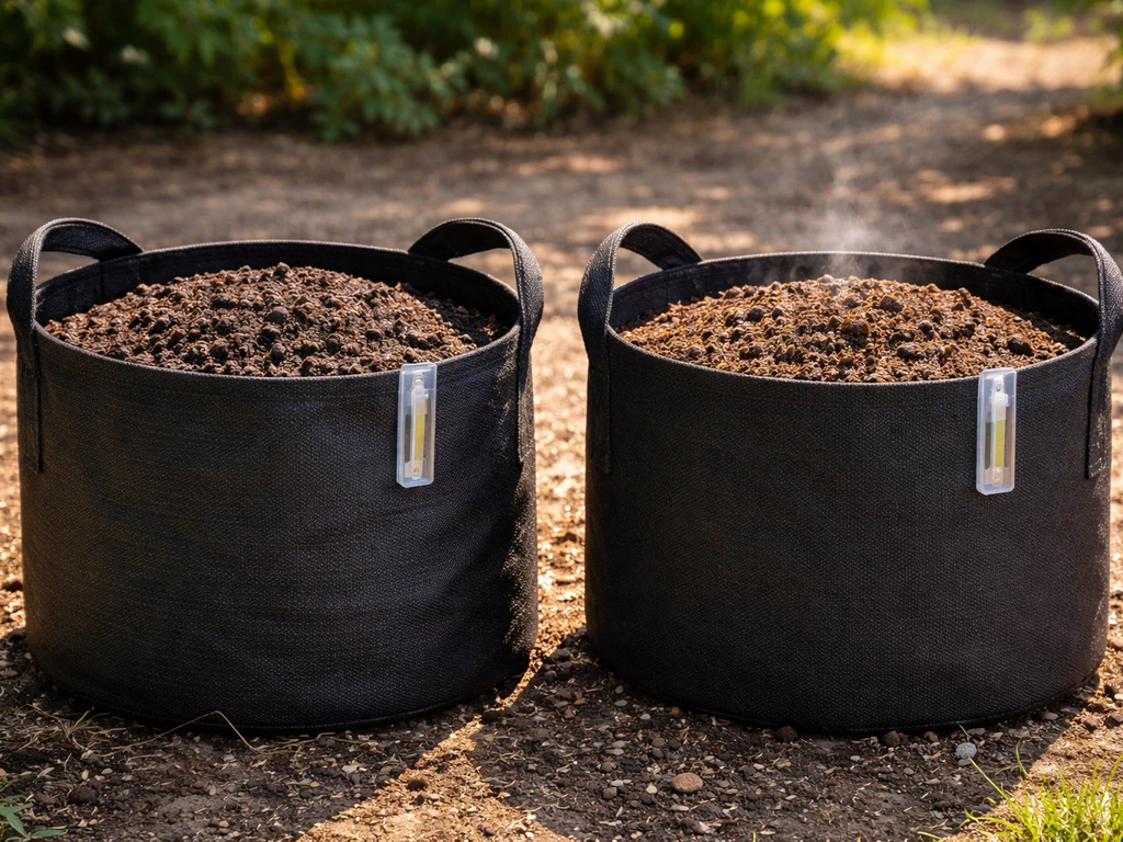 Woven and non-woven grow bags in full sun with heat shimmer showing cooler vs hotter root-zone soil effects.