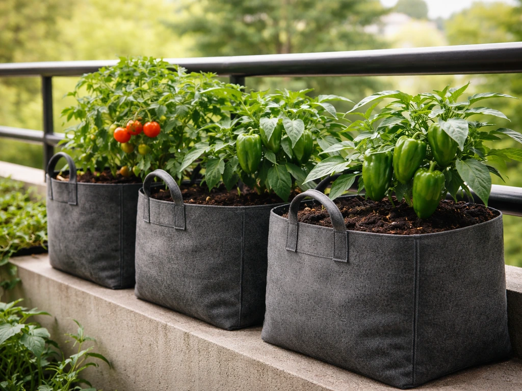 Balcony garden with non-woven grow bags holding thriving tomato and pepper plants in bright natural light.