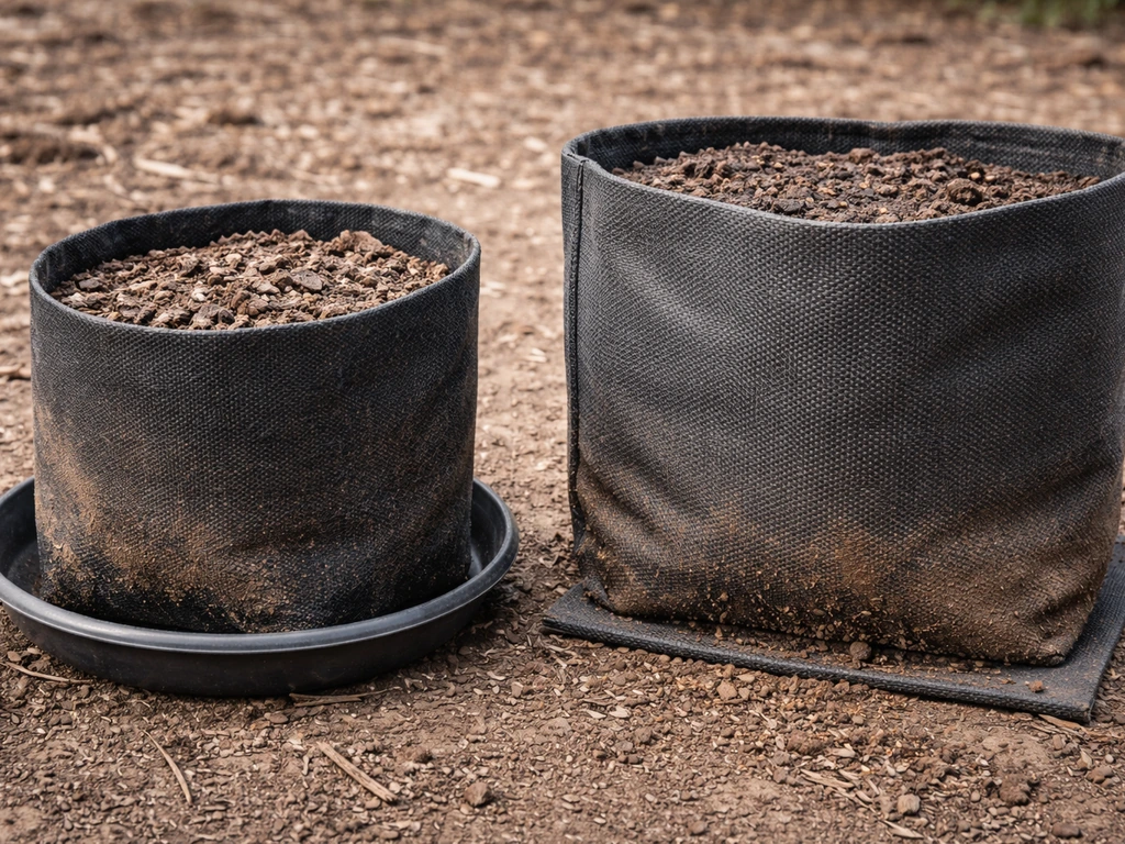 Close-up of dry non-woven bag with saucer and a woven bag showing soil escaping near the bottom seam.