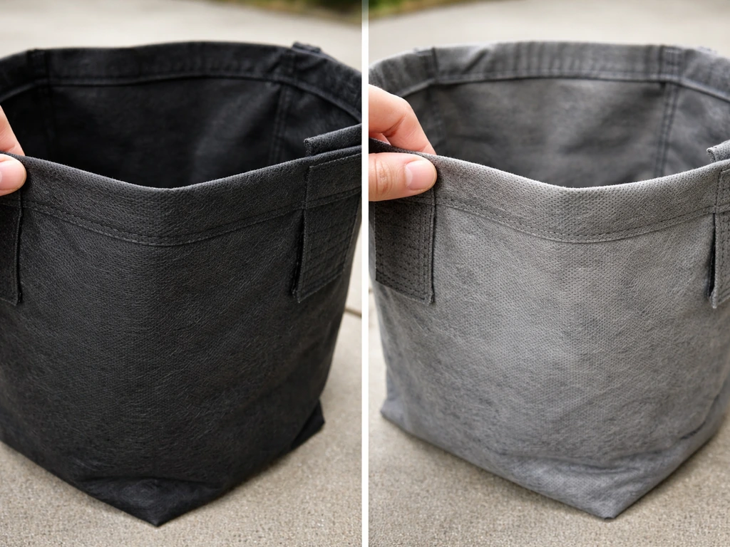 Close-up of two fabric grow bags with visibly thicker, denser fabric versus thinner fabric.