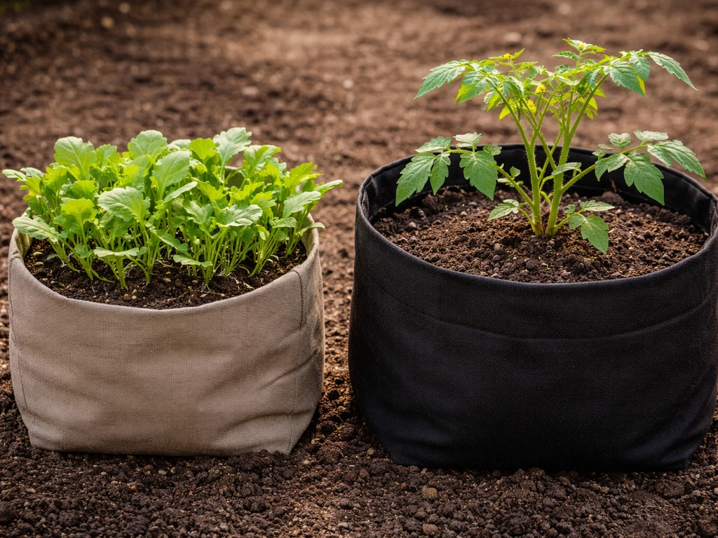 Two grow bags side-by-side showing small leafy greens and larger fruiting veg with visible soil and roots