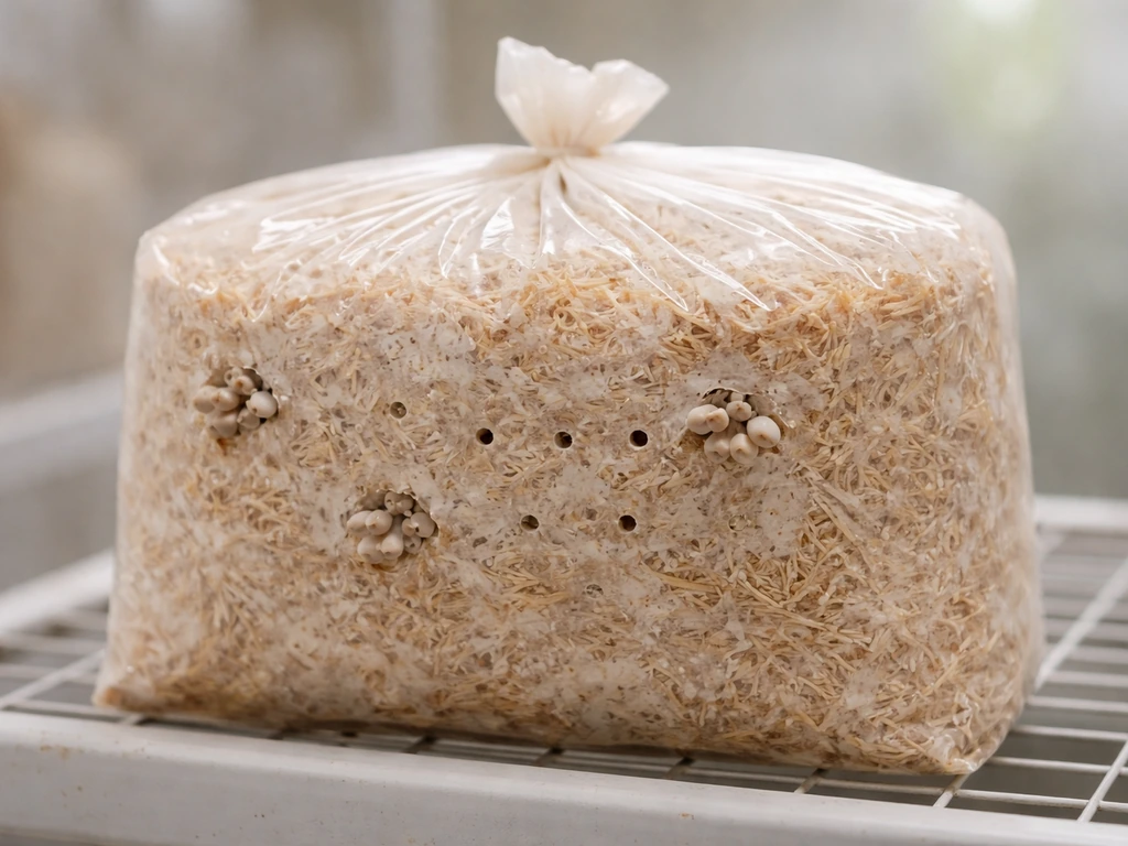 Close-up of a sealed mushroom grow bag with small ventilation holes releasing soft mist in a quiet indoor rack setup.