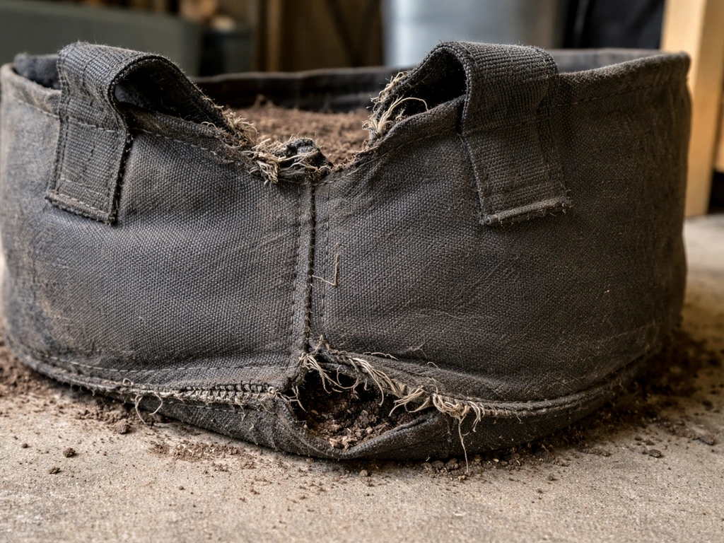 Close-up of a grow bag with torn handle area and split seam on rough concrete.