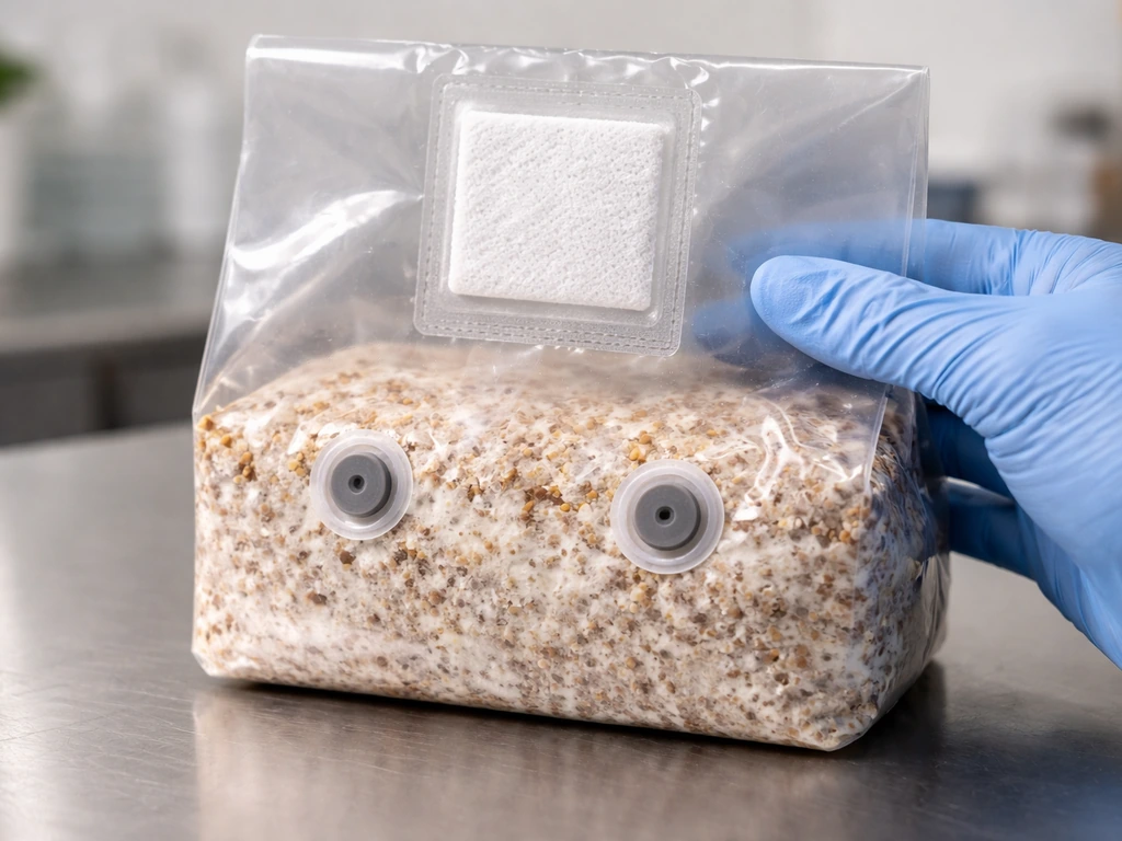 Close-up of an all-in-one mushroom grow bag on a clean surface, highlighting the filter patch and inoculation ports.