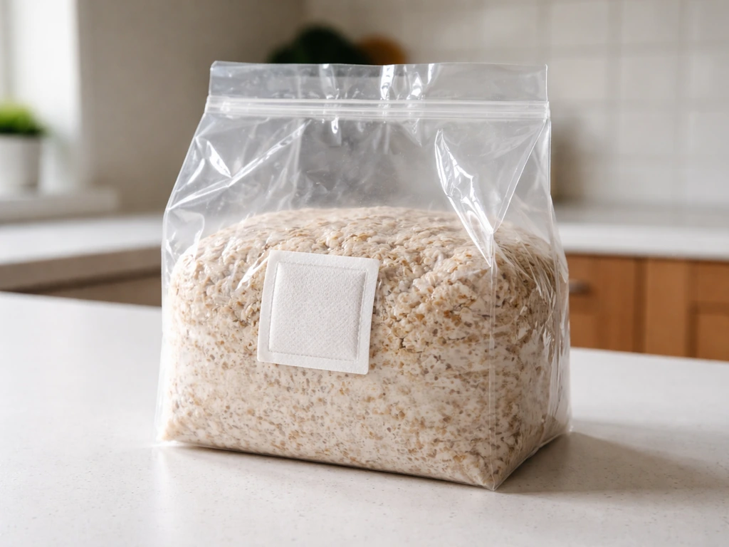 Close-up of a sealed all-in-one mushroom grow bag showing substrate and a filter patch/air port.