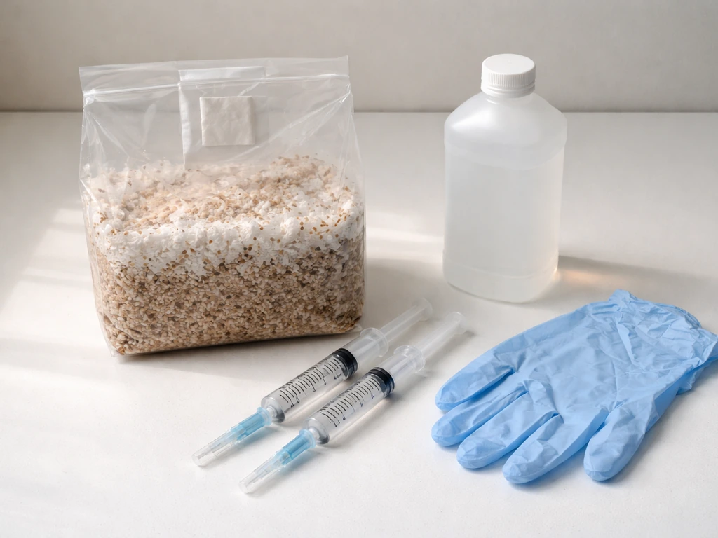 Mushroom grow tools neatly arranged: intact all-in-one grow bag, syringes with needle, alcohol, and gloves.