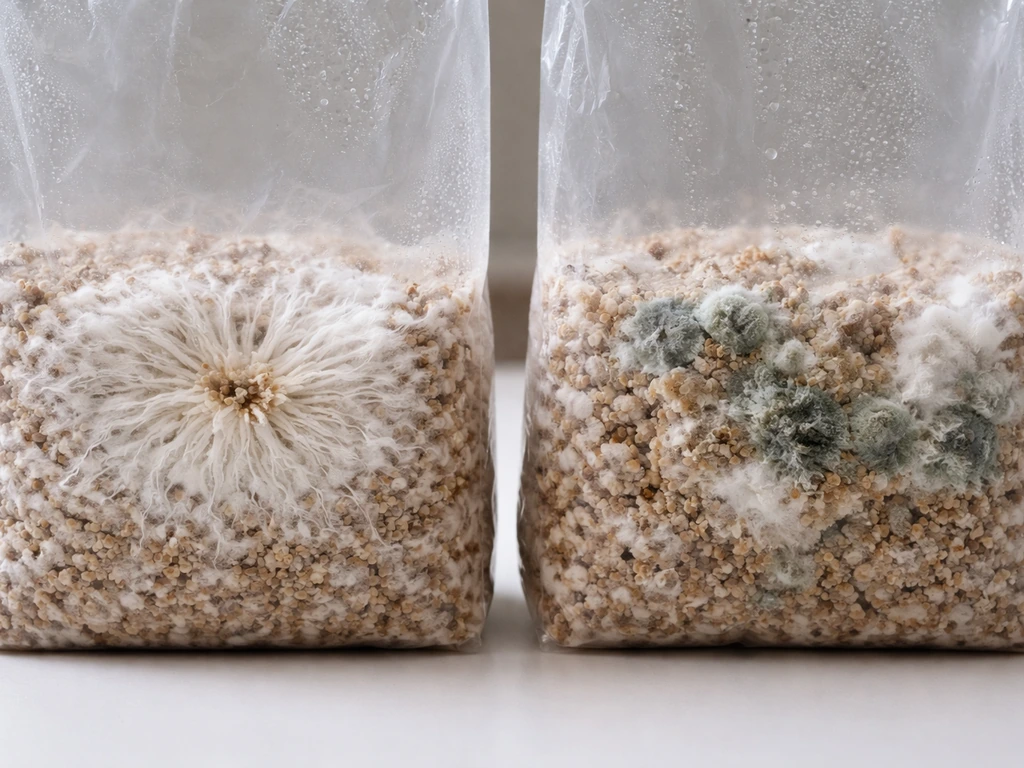 Side-by-side view of healthy white rope-like mycelium versus colored mold contamination in grow bags.