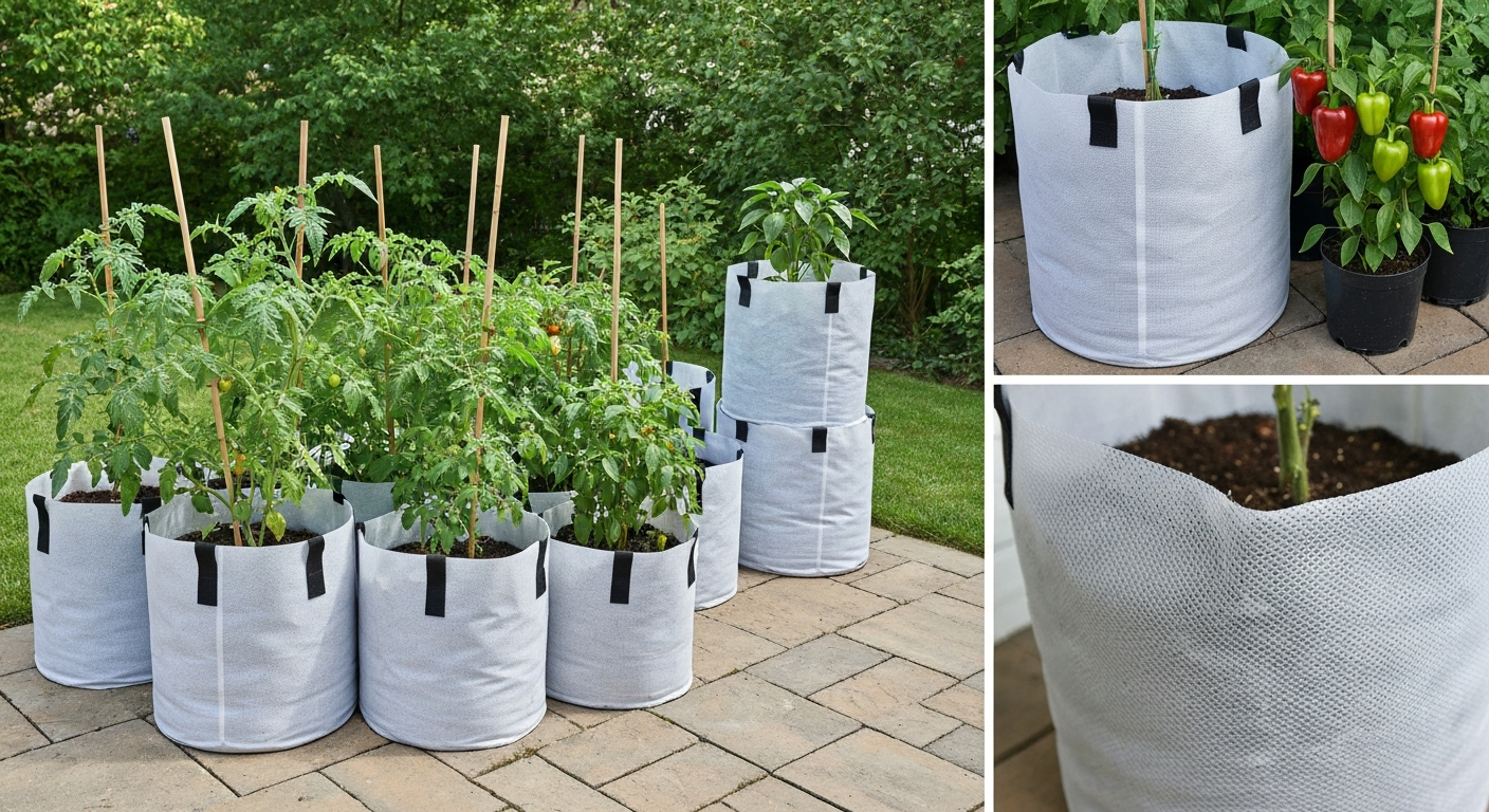 Photorealistic photo of mesh fabric grow bags with tomato plants, close-up showing breathable bag wall texture.