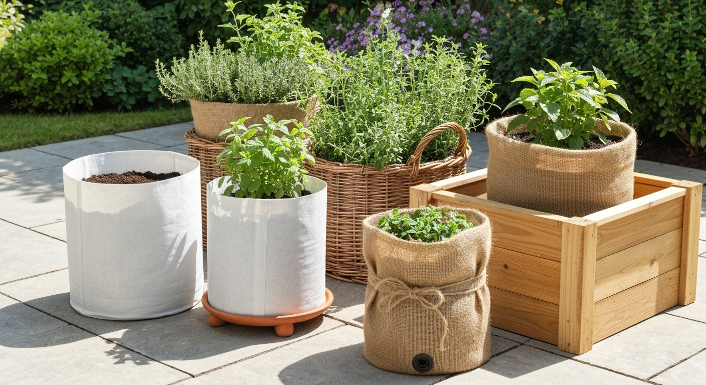Patio with several fabric grow bags disguised using white paint, a wicker basket, a hessian wrap, and an open-bottom timber planter box, showing air gaps and drainage.