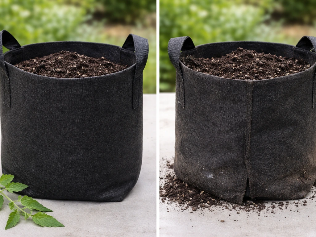 Two fabric grow bags side-by-side: one healthy and reusable, one worn and thinning with frayed fabric.