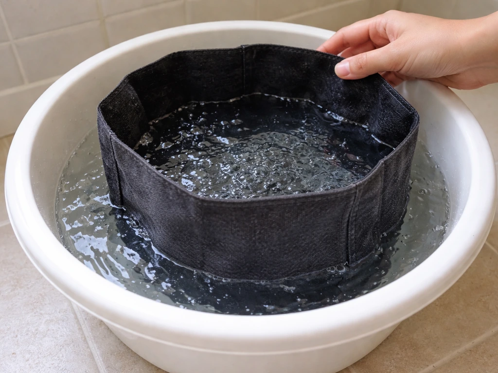 Fabric grow bag soaking in a basin of diluted hydrogen peroxide solution for a bleach-free clean.