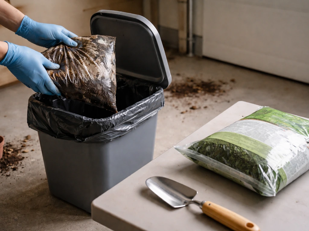 Gloved hands discarding a used soil bag into a sealed bin after diseased plants, with clean tools nearby.