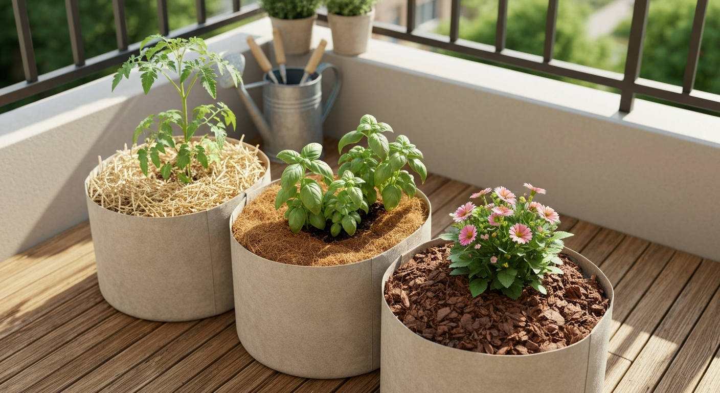 Three fabric grow bags on a sunny patio, each topped with a different mulch (straw, coir, shredded bark) and planted with tomato, basil, and flowering annual.