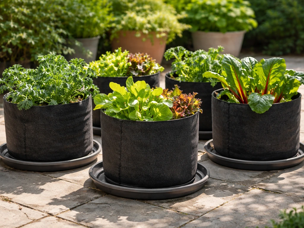 Fabric grow bags on trays with thriving plants in direct outdoor sun, showing drainage setup.