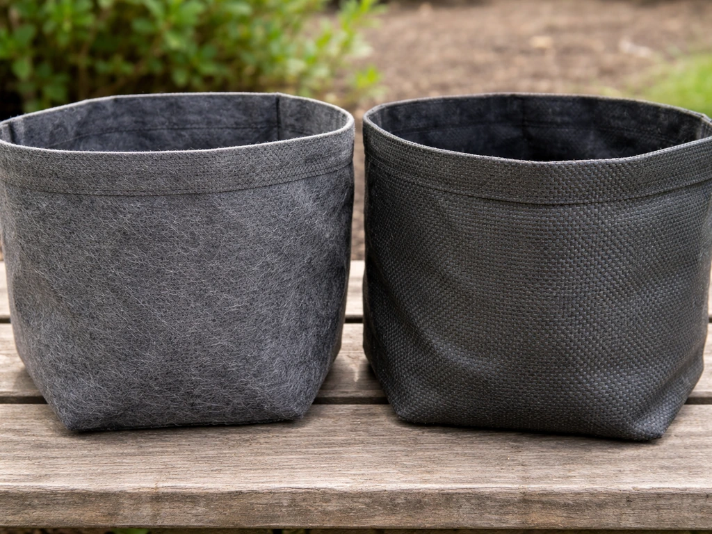 Close-up of two grow bag fabrics outdoors: felt-like polypropylene vs woven geotextile textures.
