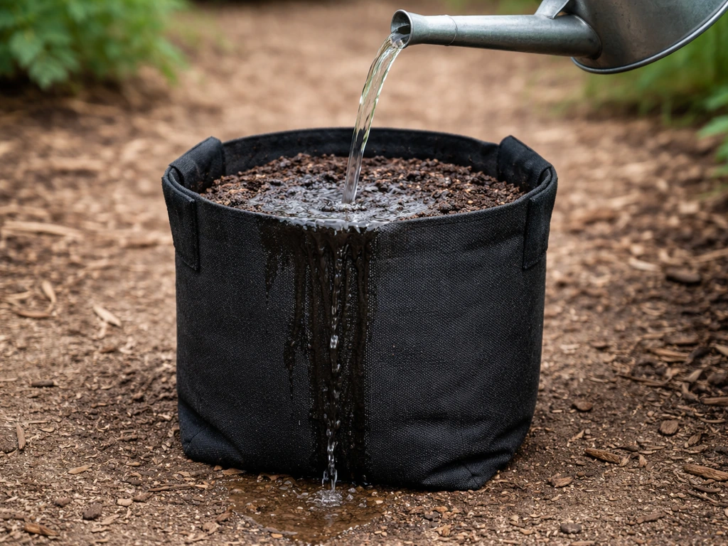 Hands gently watering a fabric grow bag outdoors until excess drains out.