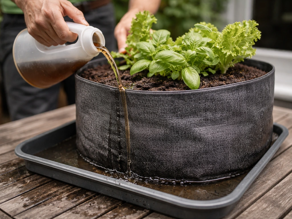 Hands applying liquid fertilizer to an outdoor grow bag as dark water leaches into a tray.