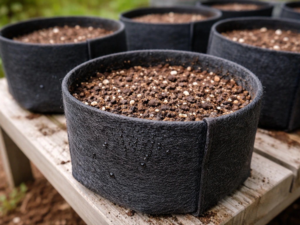 Close-up of multiple fabric grow pots with airy soil mix, showing porous sides and drainage look.
