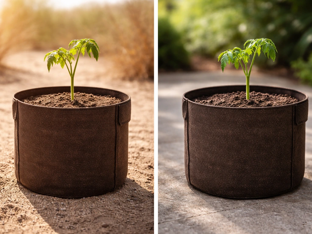 Fabric grow pot outdoors in hot dry sun beside the same pot on a shaded patio setting.