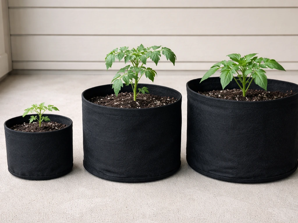 Side-by-side fabric grow pots (1, 5, 10 gallons) each with a transplant planted to match depth.