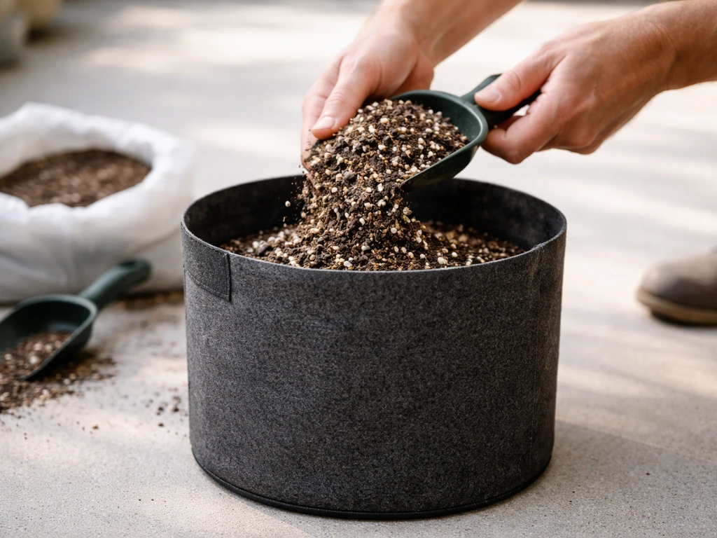 Close-up of filling a fabric grow pot with a well-draining potting mix, not garden soil.