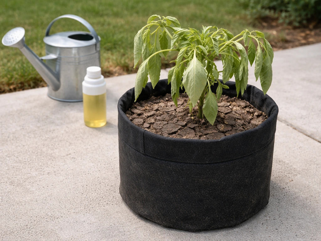Fabric grow pot with pale leaves and slightly dry surface soil beside a watering can and fertilizer bottle