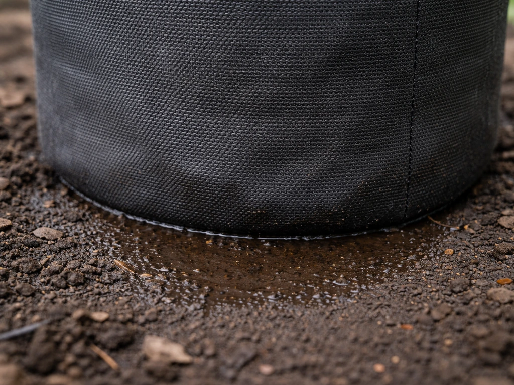 Fabric grow bag sitting on damp ground, showing wet base and porous sidewall.