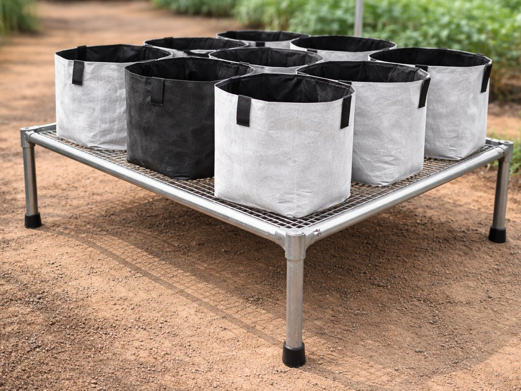 Stable metal rack holding grow bags with open airflow around the sides and under the base.
