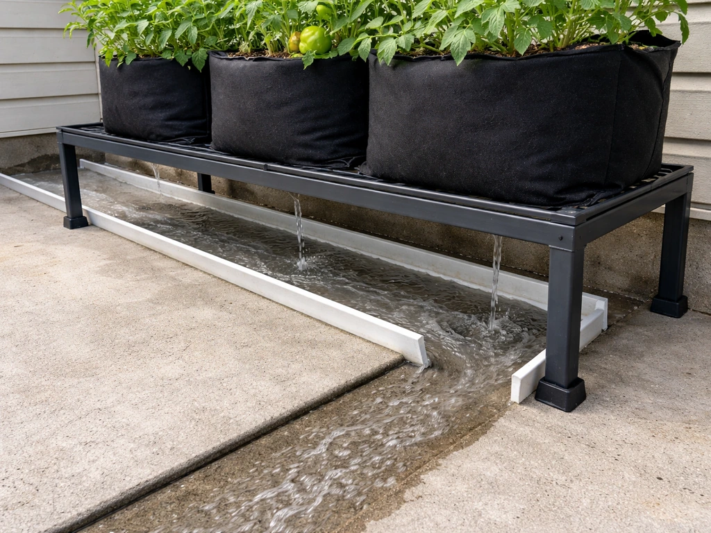 Raised grow stand on a patio with a drainage liner under it, showing water flowing away from the base.